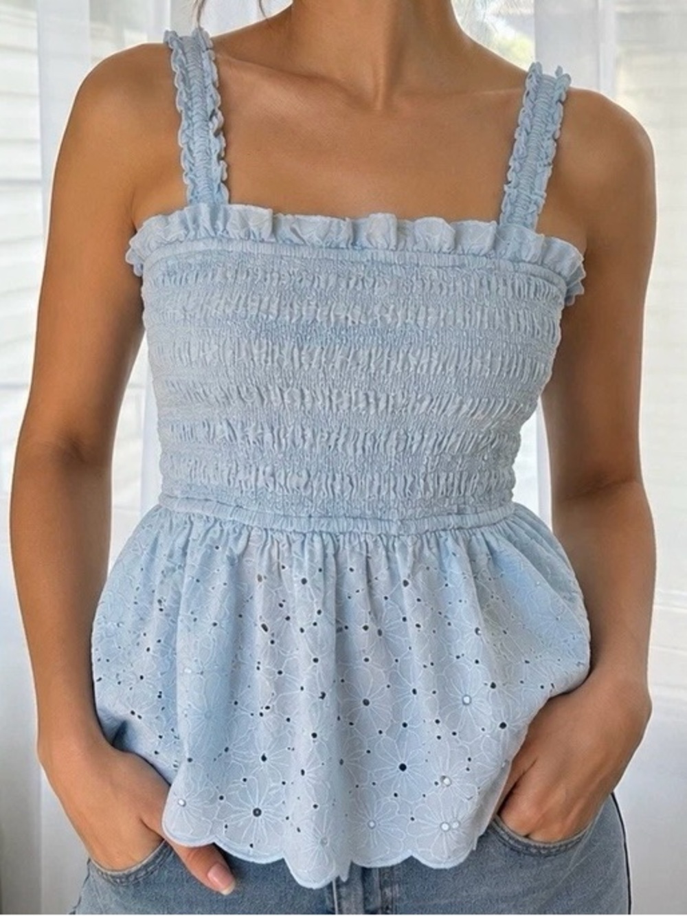NWOT Altar’d State Light Blue Eyelet Smocked Peplum floral Tank Top